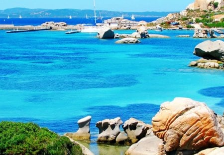 harbor in maddalena on the isle of sardinia - sunny, rocks, coast, harbor, sea, boats