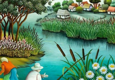 Ivan Stefanek - painting, Ivan Stefanek, daisy, fish, art