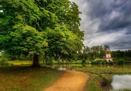 path a round a park lake hdr - lake, path, clouds, trees, hdr