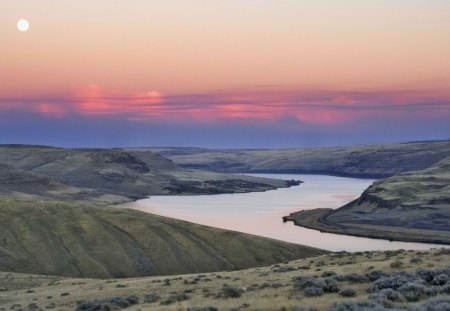 sundown on a washington state river - sundown, hills, clouds, river