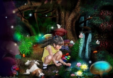 âœ°MIRACLE LANDSâœ° - girls, lover, models, animals, colorful, amazing, wonderland, cool, lantern, digital art, lamp, pond, adorable, light, glow, woods, beautiful, photoshop, backgrounds, sweet, women, mushrooms, photomanipulation, trees, female, miracle lands, wonderful, fantasy, pretty, fireflies, dogs, grasses, cute, butterflies, love, forests, lovely, lotus, abstract, splendor, flowers, colors