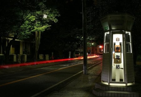 public phone on a yokohama street at night - long exposure, street, public phone, night, light