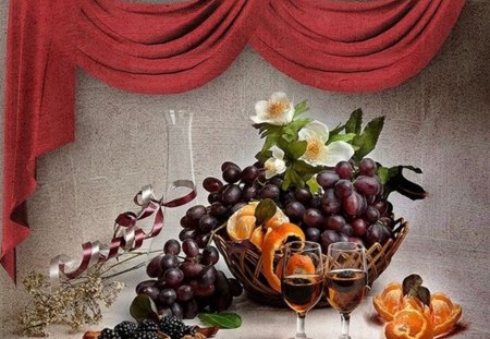 fruit and wine - glasses, fruit, beauty, wine, citrus, still life, grapes