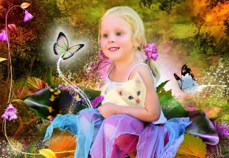 âœ°.CUTE FRIENDSHIP.âœ° - girls, animals, eyes, colorful, face, view, cool, digital art, gaze, adorable, child, kitten, woods, beautiful, backgrounds, photoshop, sweet, photomanipulation, trees, lips, smiling, emotional, fantasy, pretty, cute, butterflies, love, looks, forests, lovely, kids, abstract, tinca2, cats, splendor, flowers, happiness, colors, emo