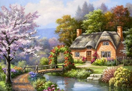 By Sung Kim - river, painting, art, tree, cottage, Sung Kim