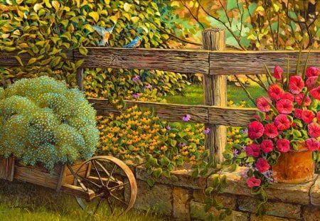 Rose garden - outside, fence, magic, colorful, rose, wonderful, nature, view, romantic, beautiful, splendor, flowers, garden, birds