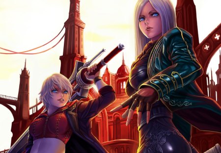 The Revive - anime, female, long hair, white hair, short hair, blue eyes, anime girl, realistic, hot, girl, sword, nero, blade, cg, devil may cry, vergil, cute, 3d, sexy