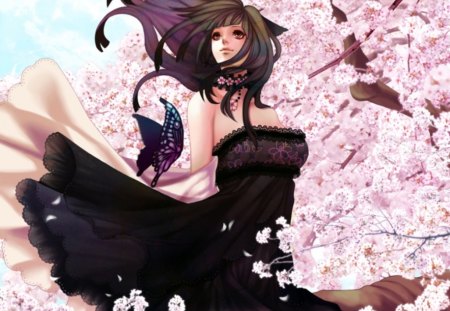 Cherry Tree - pretty, female, wing, blossom, pink, nice, breeze, gown, cherry blossom, hot, beauty, sakura blossom, flower, petals, wind, wings, butterfly, cute, floral, sexy, anime, elegant, windy, dress, long hair, gorgeous, anime girl, sakura, beautiful, girl, lovely, sweet, black, black hair