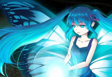 Fairy Light - female, hot, magic, wings, anime girl, fantasy, sparks, anime, miku, cute, hatsune miku, sexy, girl, twintails, light, long hair, vocaloids, glow, blue hair, vocaloid, wing, fairy, green hair