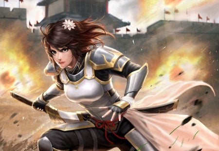 Battlefield - anime, female, warrior, war, short hair, battle, fire, weapon, house, anime girl, realistic, hot, girl, sword, flame, brown hair, knight, blade, cg, fantasy, cute, 3d, sexy, blaze