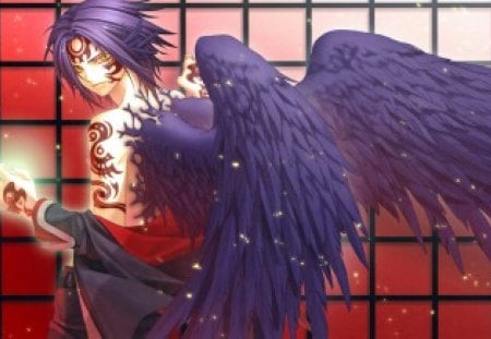 Mahiro Atori - anime, magic, wing, guy, angel, boy, hiiro no kakera, male, short hair, purple, mahiro atori, purple hair, tattoo, feather, fantasy, handsome, wings