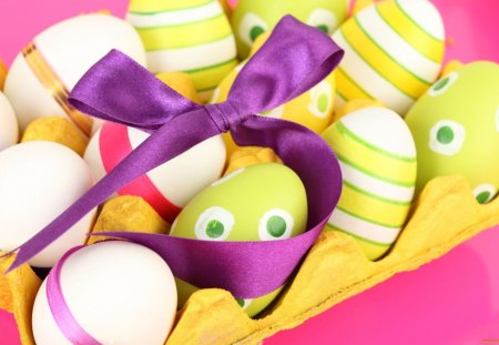 Colored eggs - purple, beautiful, spring, eggs, easter, decoration, moments, ribbon, lovely, colored