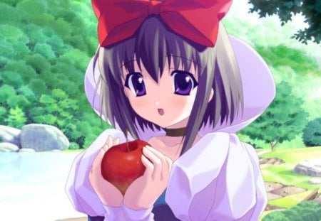 Yummy Apple - gown, purple eyes, apple, cute, hot, anime girl, girl, ribbon, scenery, fruit, scenic, snow white, pretty, kawaii, short hair, sweet, anime, dress, nice, lovely, sexy, scene, female