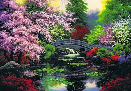 Bridge of tranquility - nice, trees, fragrance, water, colorful, spring, painting, quiet, pretty, blossoms, reflection, calmness, river, scent, pond, bridge, blooming, lake, summer, lovely, serenity, bushes, tranquility, beautiful, flowers, colors