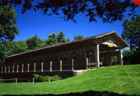 Covered bridge - covered, grass, tree, bridge