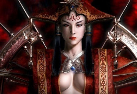 She has the Power - female, warrior, eyes, hair, black, fantasy, oriental, red, woman, face, power