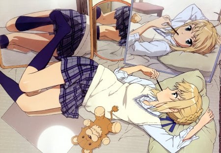 Saber - saber, anime, mirror, stuffed animal, fate stay night