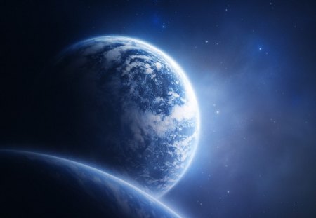 twin planets - space, 3d, blue