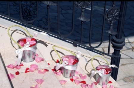 Bucket of petals - flowers, petals, stairs, bucket