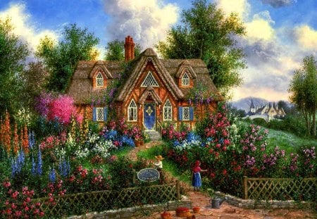 Peaceful countryside - beautiful, village, rest, quiet, cottages, countryside, yard, paradise, cabins, pretty, flowers, serenity, peaceful, sky, garden, calmness, children, family, houses, fence, nice, clouds, lovely, painting, kids