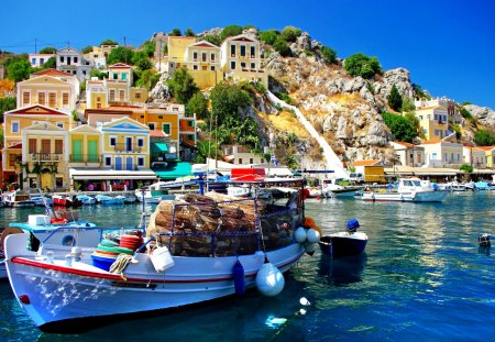 BEAUTIFUL CITY - nature, houses, cargo, mountains, sea, greece, boat