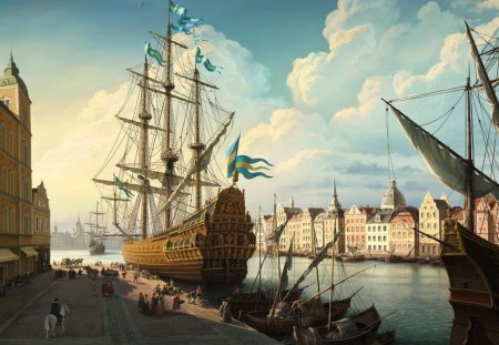 Mighty galleon - galleon, ship, building, tall, sailboat, port