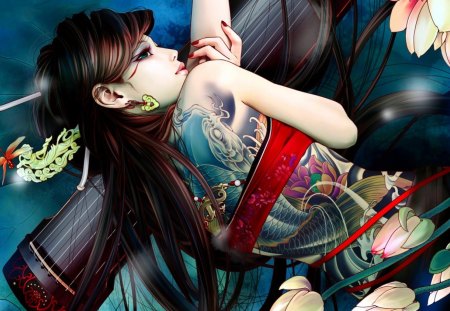 tatto - bi colors, sleep, blue eyes, long hair, kimono, flowers, brown hair