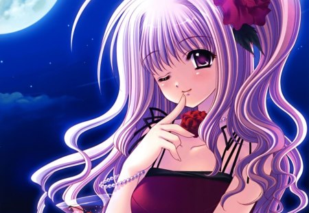 Cocktail - pretty, anime, elegant, female, dress, wink, night, light, long hair, cocktail, purple, gorgeous, red, nice, purple hair, sky, moon, gown, anime girl, water, beautiful, hot, girl, beauty, lovely, sweet, drink, glow, cute, sexy, pearl