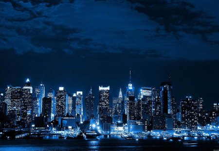 nyc in blue neon - blue, river, night, city, piers, lights, skyscrapers