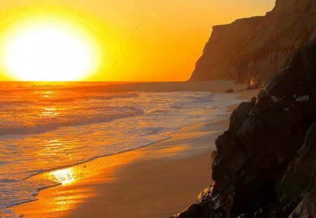 maximum sunset - sunset, beach, cliffs, sea, rocks