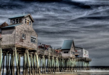 amusement park on a pier hdr - clouds, beach, amusement park, hdr, waves, pier