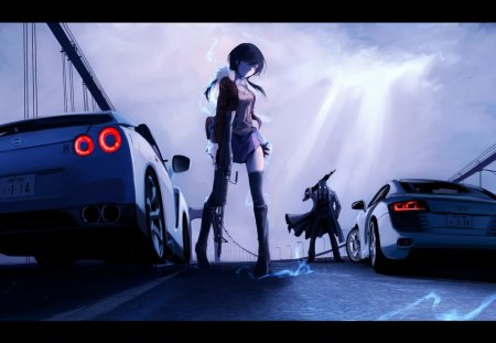 on city - ciel, cars, gears, weapon