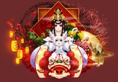 Oriental - nice, beauty, neko mimi, lion, female, tiara, crown, anime girl, lantern, anime, oriental, cute, maiden, neko, lady, adorable, girl, chibi, light, long hair, royalty, lovely, glow, kawaii, empress, red, beautiful, sweet, smile, chinese, happy, adore