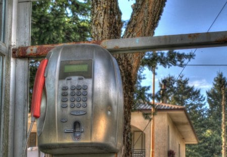 I don't think the phone works hdr - trees, town, public, hdr, phone, rust