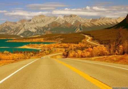 mountain highway by a lake in autumn - highway, lake, mountains, autumn