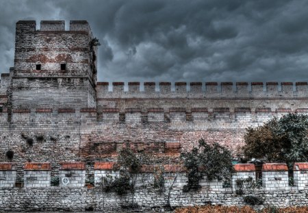 fortress wall in istanbul hdr - clouds, turret, fortress, hdr, wall