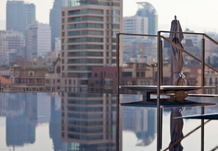 infinity pool on a city roof - roof, pool, ladder, skyscrapers, city