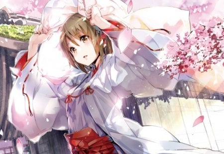 Cherry Blossoms - girl, red, petals, pink, cant think of a fourth