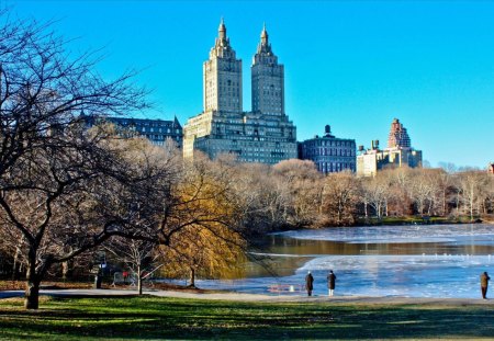 frozen central park lake - lake, city, winter, park