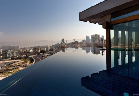 infinity pool on a beirut roof - city, mountains, roof, pool