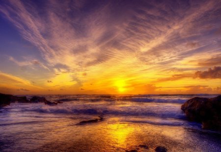 beautiful sunset - sky, beach, sunset, sea, rocks