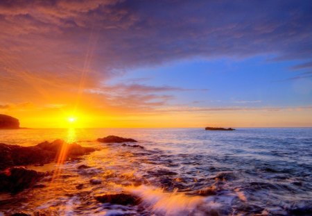 sunrise on sea shore - clouds, shore, sea, sunrise, rocks