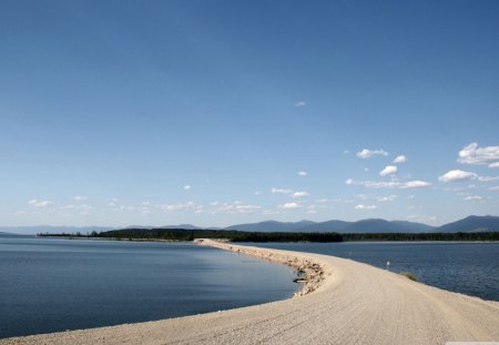 williston lake in british columbia - road, ramp, lake, forest, sky