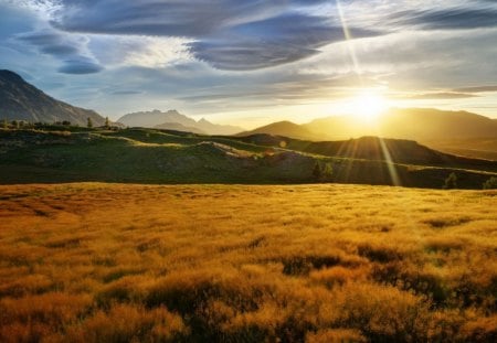 dawn - fields, mountain, sun, dawn