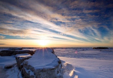 Winter-Sunset - Sunset, winter, Clouds, rocks