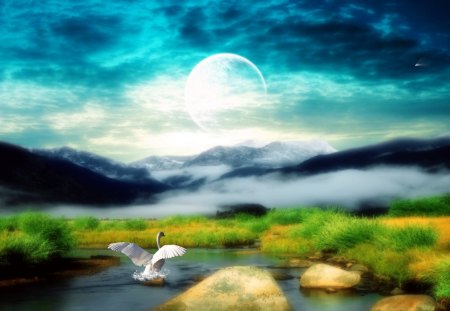 Clear crystal Air - lake, clear, fantasy, bird