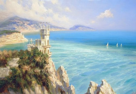 Painting - painting, sail, ship, landscape, clouds, castle, sea, scape