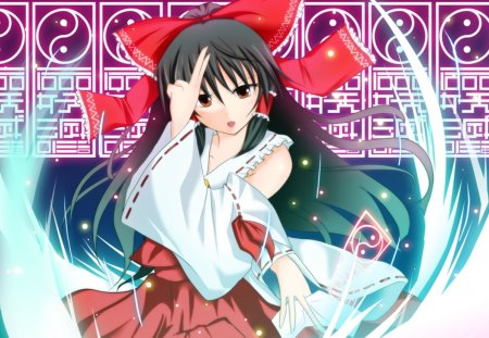 Hakurei Reimu - cute, talisman, hakurei reimu, hot, anime girl, girl, shrine maiden, ribbon, magic, light, touhou, brown hair, anime, long hair, reimu, sexy, female