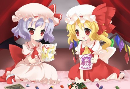 Scarlet's - Flandre Scarlet, anime, kawaii, female, blonde, blond hair, short hair, touhou, blond, ribbon, chibi, purple hair, hat, anime girl, Remilia Scarlet, girl, blonde hair, pencil, red eyes, cute, paper