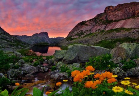 Natural beauty - summer, rocks, beautiful, sundown, grass, nature, sunset, mountain, pretty, water, landscape, beauty, flowers, stones, lake, sky, natural, reflection, nice, clouds, lovely